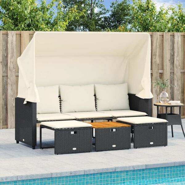 vidaXL Garden Sofa 3-Seater with Canopy and Stools Black Poly Rattan