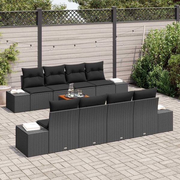 vidaXL Garden Sofa Set with Cushion 9 pcs Black Poly Rattan