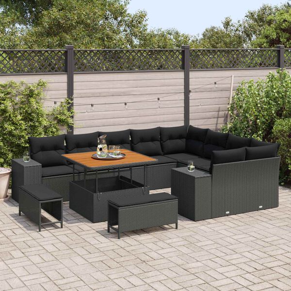 vidaXL Garden Sofa Set with Cushion 12 pcs Black Poly Rattan