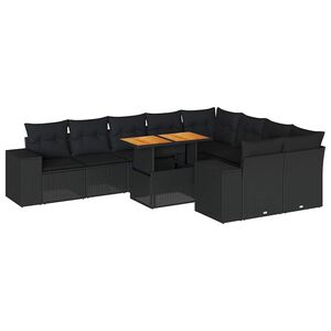 vidaXL 10 Piece Garden Sofa Set with Cushions Black Poly Rattan Acacia