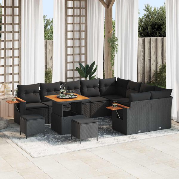 vidaXL Garden Sofa Set with Cushion 13 pcs Black Poly Rattan