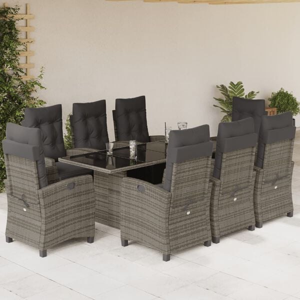 vidaXL 9 Piece Garden Dining Set with Cushions Grey Poly Rattan