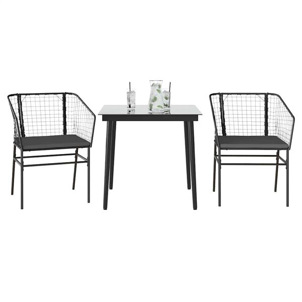 vidaXL 3 Piece Garden Dining Set with Cushions Black Poly Rattan Glass