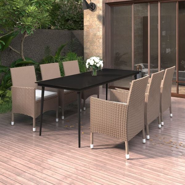 vidaXL 7 Piece Garden Dining Set with Cushions Poly Rattan and Glass