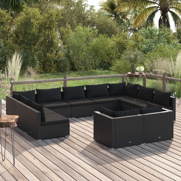 vidaXL 11 Piece Garden Lounge Set with Cushions Black Poly Rattan