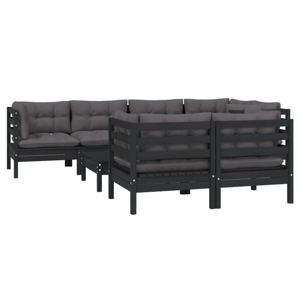 vidaXL 8 Piece Garden Lounge Set with Cushions Black Solid Pinewood