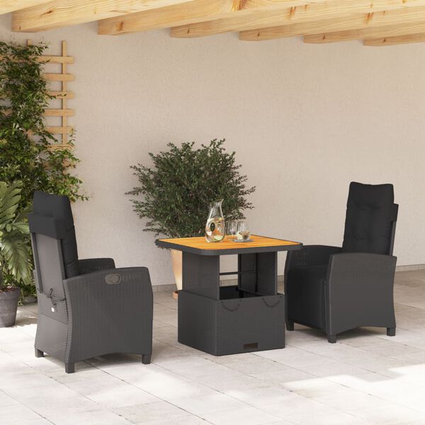 vidaXL 3 Piece Garden Dining Set with Cushions Black Poly Rattan
