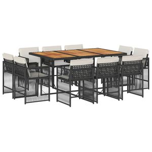 vidaXL 11 Piece Garden Dining Set with Cushions Black Poly Rattan