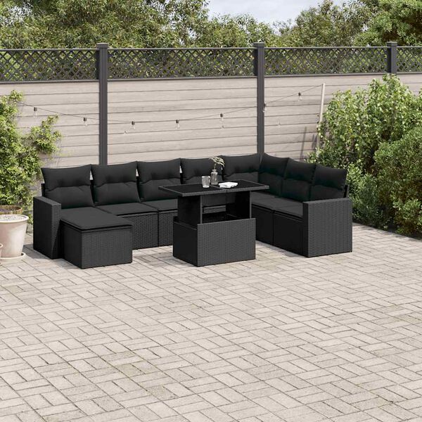 vidaXL 9 Piece Garden Sofa Set with Cushions Black Poly Rattan