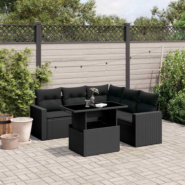 vidaXL 6 Piece Garden Sofa Set with Cushions Black Poly Rattan