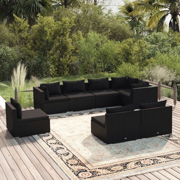 vidaXL 8 Piece Garden Lounge Set with Cushions Poly Rattan Black