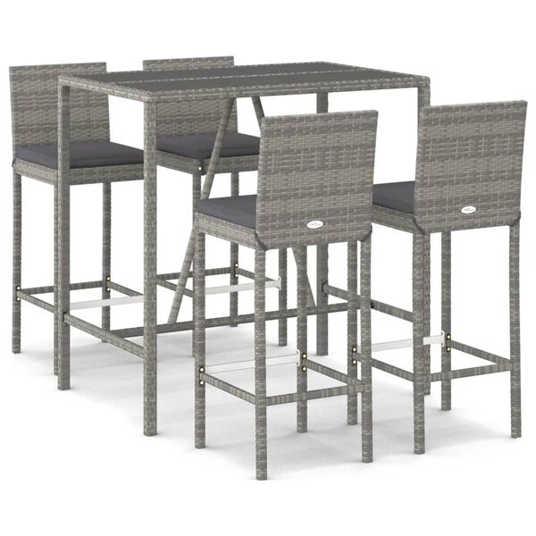vidaXL 5 Piece Outdoor Bar Set with Cushions Grey Poly Rattan
