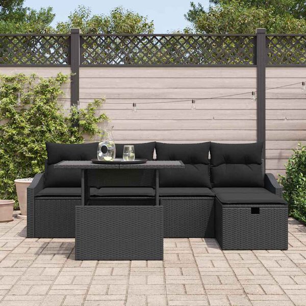 vidaXL Garden Sofa Set with Cushion 6 pcs Black Poly Rattan