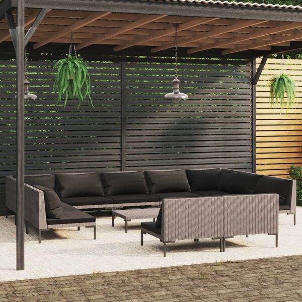 vidaXL 12 Piece Garden Lounge Set with Cushions Poly Rattan Dark Grey