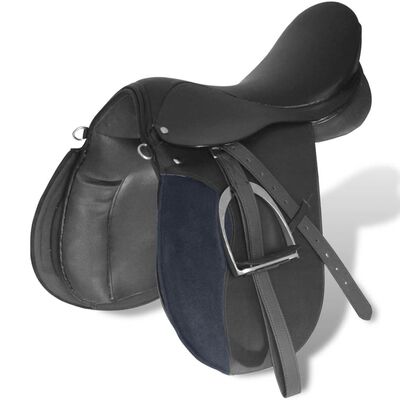 Horse Riding Saddle Set 17.5" Real Leather Black 18 cm 5-in-1