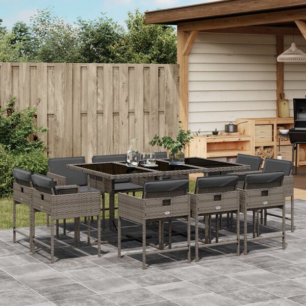 vidaXL 11 Piece Garden Dining Set with Cushions Grey Poly Rattan