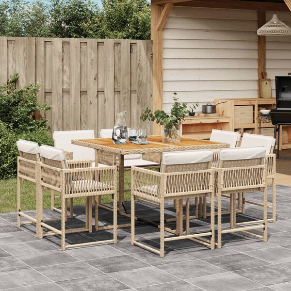vidaXL 9 Piece Garden Dining Set with Cushions Beige Poly Rattan
