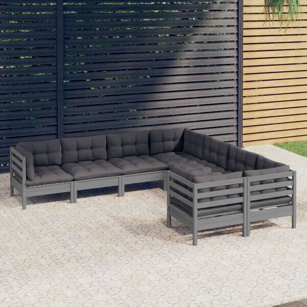 vidaXL 8 Piece Garden Lounge Set with Cushions Grey Solid Pinewood