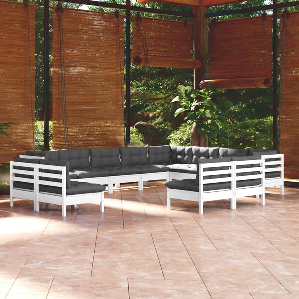 vidaXL 12 Piece Garden Lounge Set with Cushions White Solid Pinewood