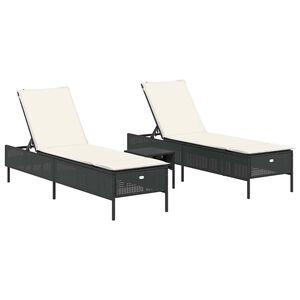 vidaXL 3 Piece Sun Lounger Set with Cushion Black Poly Rattan