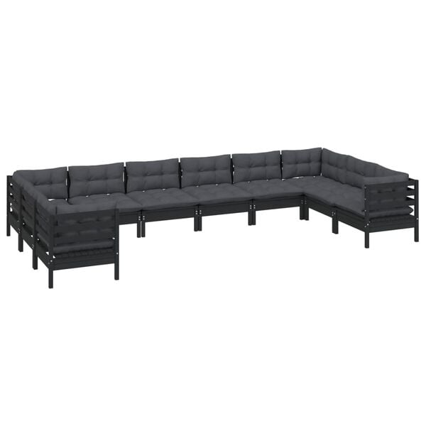 vidaXL 10 Piece Garden Lounge Set with Cushions Black Pinewood