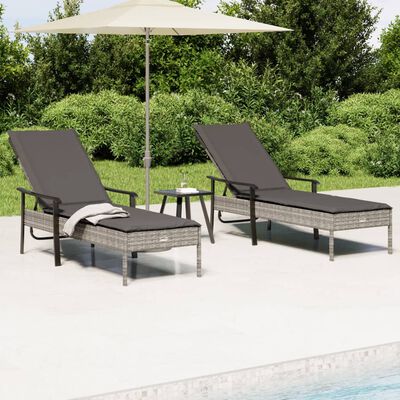 vidaXL Sun Loungers 2 pcs with Table and Cushions Grey Poly Rattan