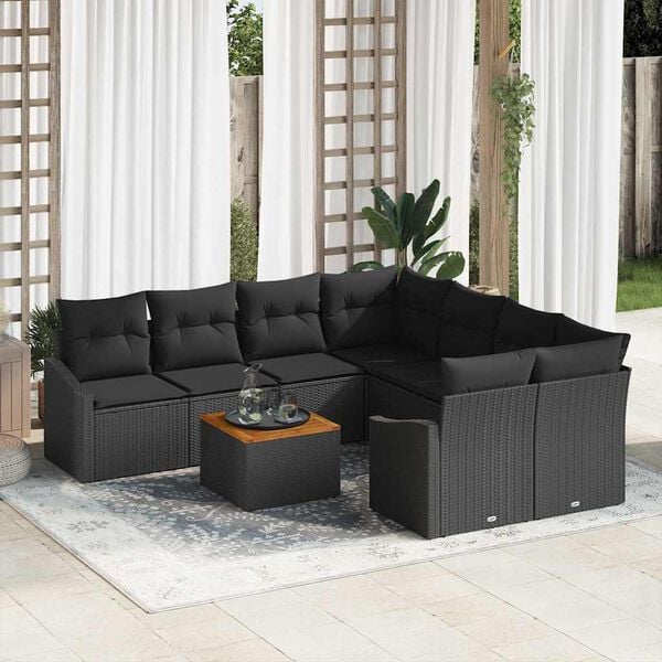 vidaXL Garden Sofa Set with Cushion 9 pcs Black Poly Rattan