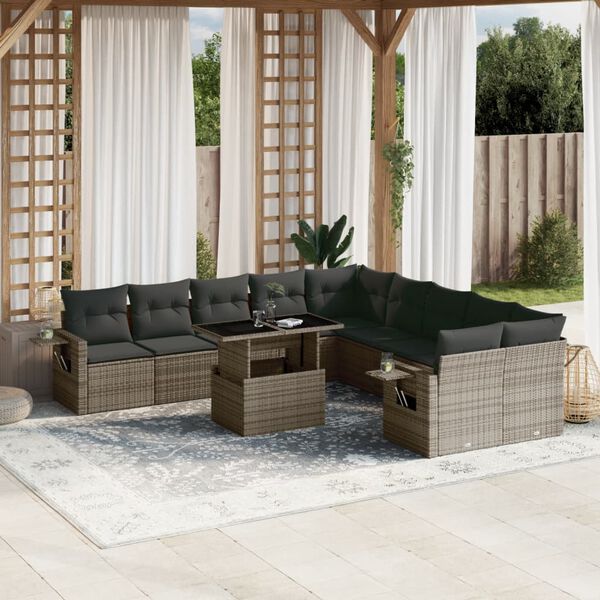 vidaXL 11 Piece Garden Sofa Set with Cushions Grey Poly Rattan