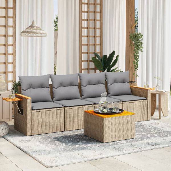 vidaXL 5 Piece Garden Sofa Set with Cushions Beige Poly Rattan