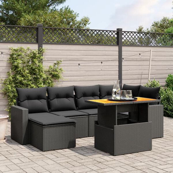 vidaXL 7 Piece Garden Sofa Set with Cushions Black Poly Rattan
