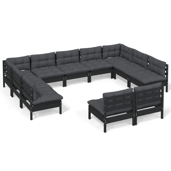 vidaXL 11 Piece Garden Lounge Set with Cushions Black Solid Pinewood