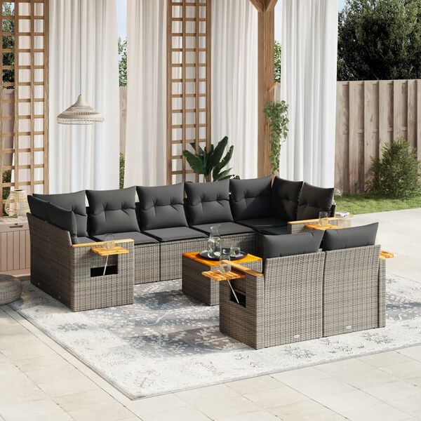 vidaXL 10 Piece Garden Sofa Set with Cushions Grey Poly Rattan