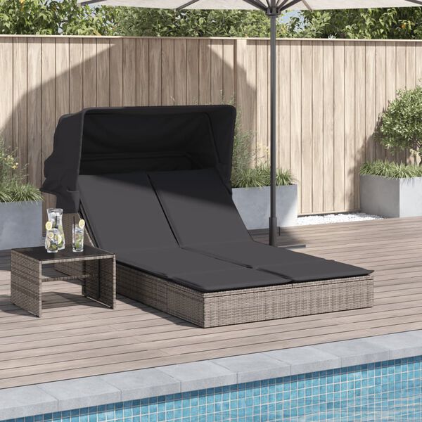 vidaXL Double Sun Lounger with Canopy and Cushions Grey Poly Rattan