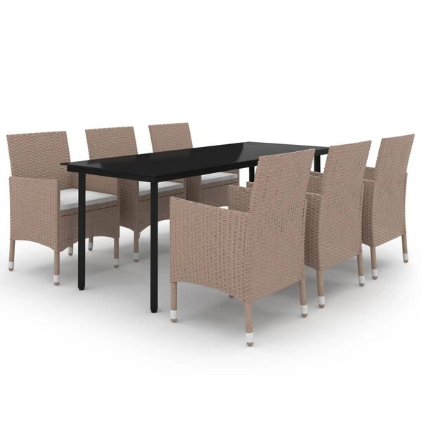 vidaXL 7 Piece Garden Dining Set with Cushions Poly Rattan and Glass
