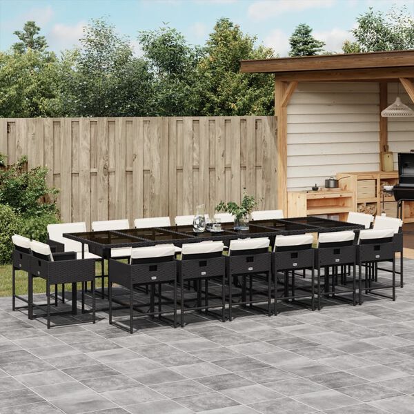 vidaXL 17 Piece Garden Dining Set with Cushions Black Poly Rattan