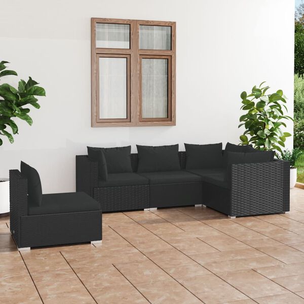 vidaXL 5 Piece Garden Lounge Set with Cushions Poly Rattan Black