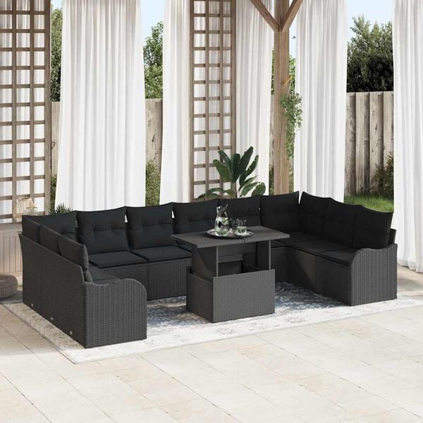 vidaXL Garden Sofa Set with Cushion 11 pcs Black Poly rattan