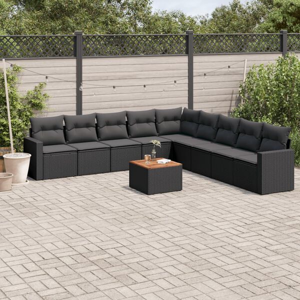 vidaXL 10 Piece Garden Sofa Set with Cushions Black Poly Rattan