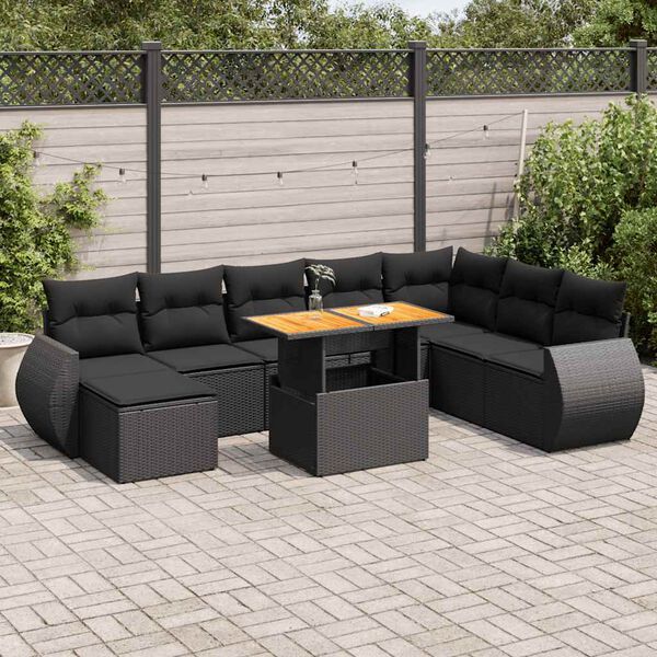 vidaXL 9 Piece Garden Sofa Set with Cushions Black Poly Rattan
