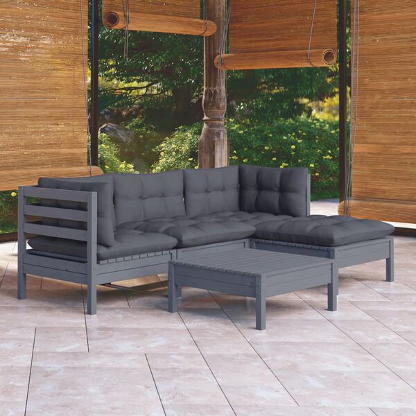 vidaXL 5 Piece Garden Lounge Set with Cushions Grey Pinewood