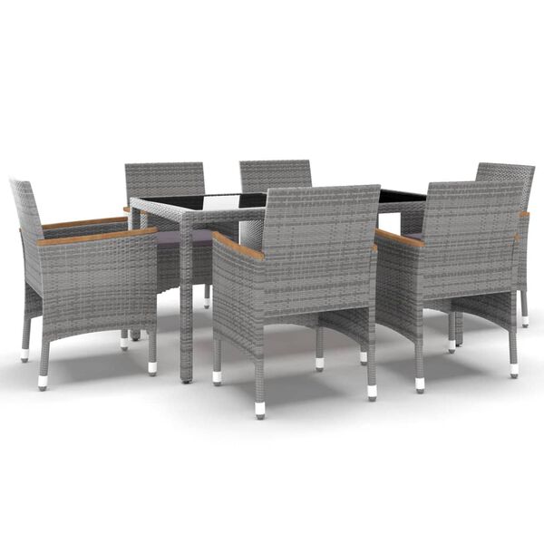 vidaXL 7 Piece Garden Dining Set Poly Rattan and Tempered Glass Grey