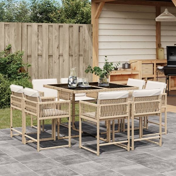 vidaXL 9 Piece Garden Dining Set with Cushions Beige Poly Rattan