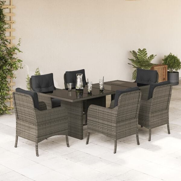 vidaXL 7 Piece Garden Dining Set with Cushions Grey Poly Rattan