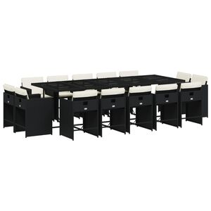 vidaXL 15 Piece Garden Dining Set with Cushions Black Poly Rattan