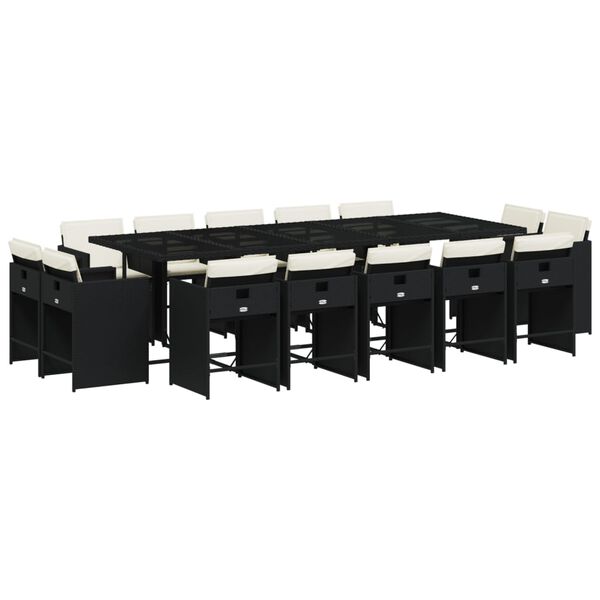 vidaXL 15 Piece Garden Dining Set with Cushions Black Poly Rattan