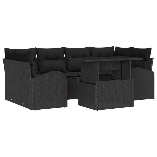 vidaXL Garden Sofa Set with Cushion Manual 7 pcs Black Poly Rattan