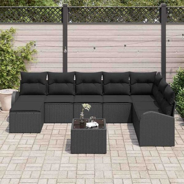 vidaXL Sofa Set with Cushion with Storage 9 pcs Black Poly Rattan
