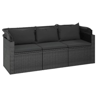 vidaXL 3-Seater Garden Sofa with Roof and Footstool Black Poly Rattan