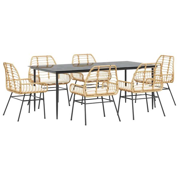 vidaXL 7 Piece Garden Dining Set with Cushions Brown Poly Rattan Glass
