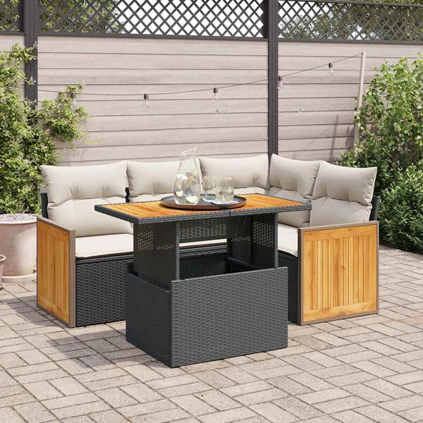 vidaXL 5 Piece Garden Sofa Set with Cushions Black Poly Rattan Acacia